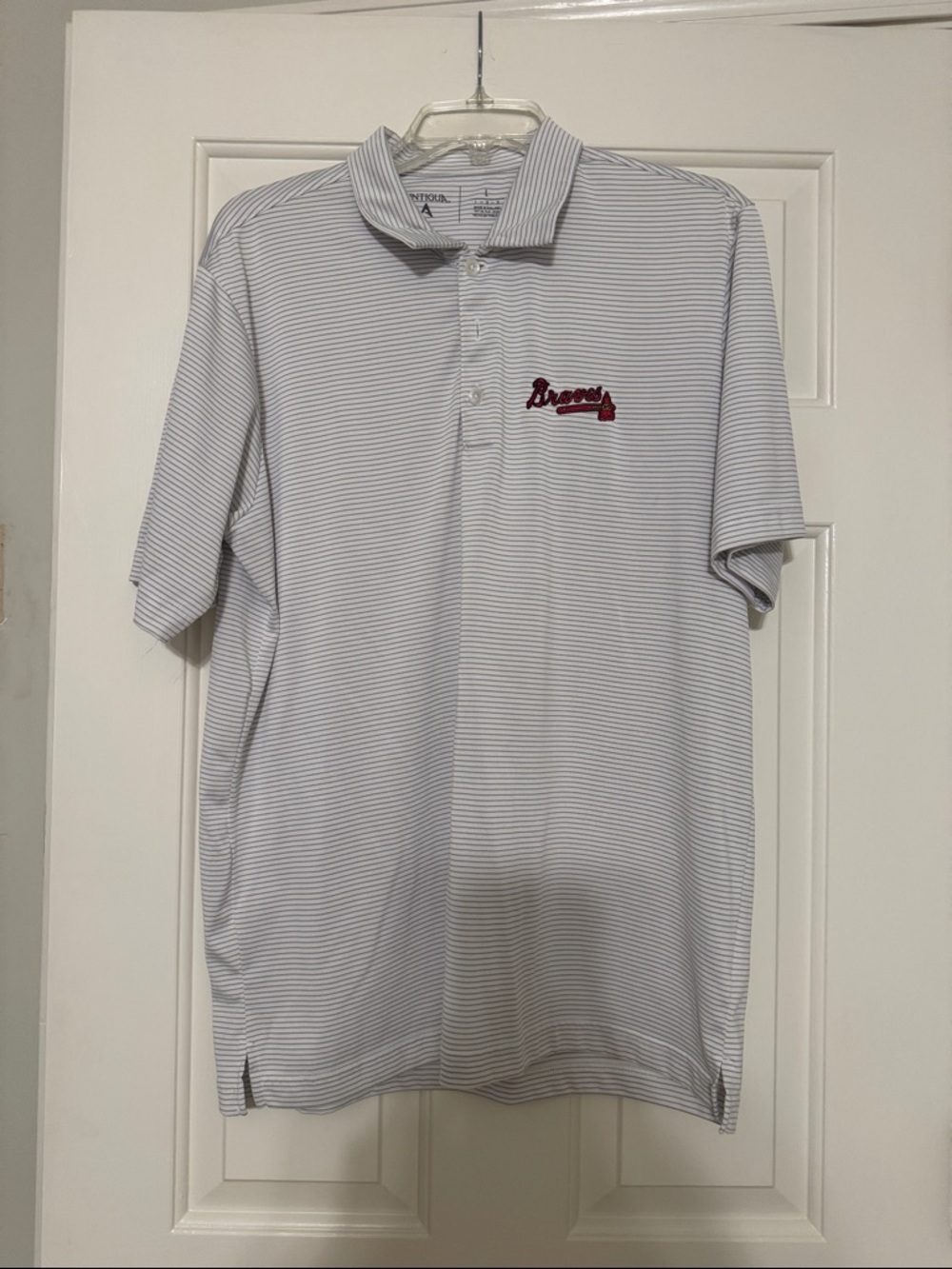Antigua White and Gray Striped Braves Polo